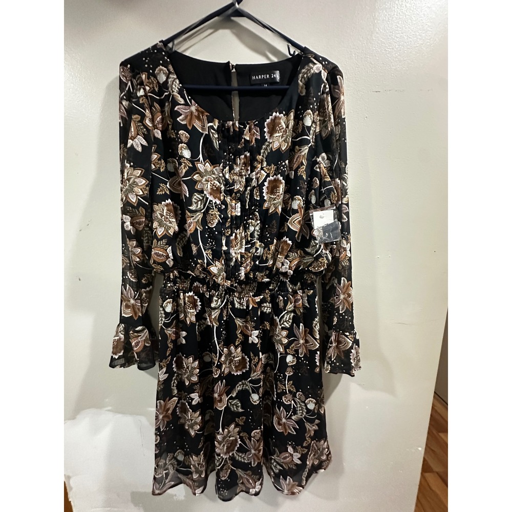 Harper 241 Black Floral Long Sleeve Smocked Mini Dress Boho Cottagecore Size 14